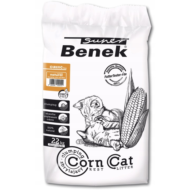 Asternut pentru pisici Super Benek, 22kg, biodegradabil, absorbant, granule de porumb