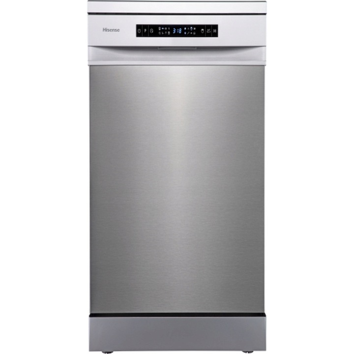 Masina de spalat vase Hisense HS583B10XAD, 10 seturi, argintie, 44,8x85x60cm, autodozare, deschidere automata a usii