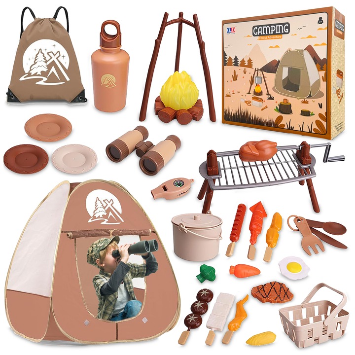Set camping pentru copii, PIXEL, 34 elemente, cort, foc de tabara, 75x75x91cm