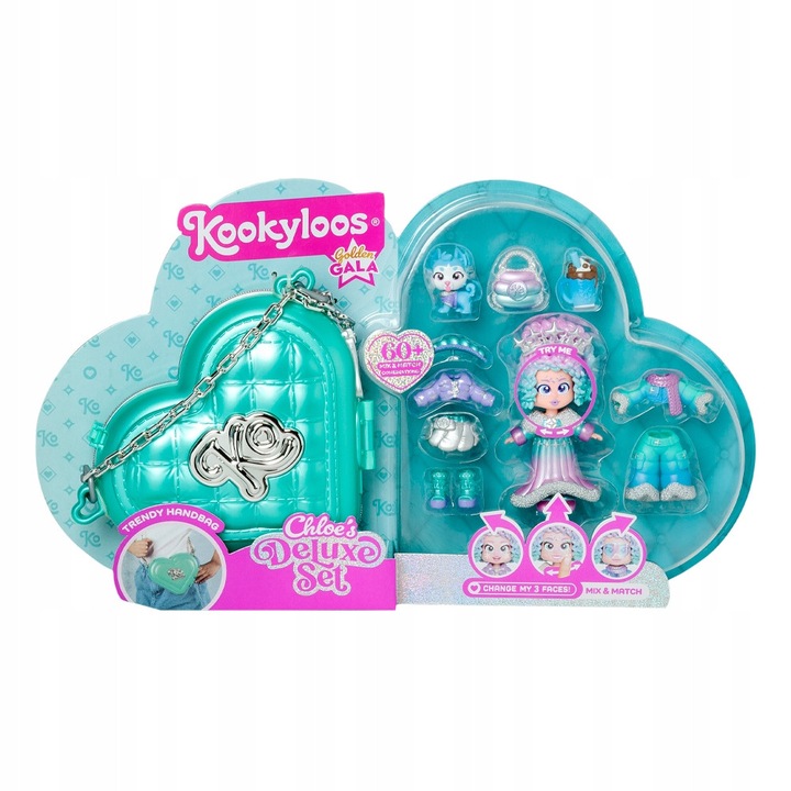 Комплект кукли KookyLoos Chloe's Golden Gala Deluxe, 3 костюма, 2 чифта обувки, 2 ленти за глава, 1 чанта във формата на сърце, многоцветен