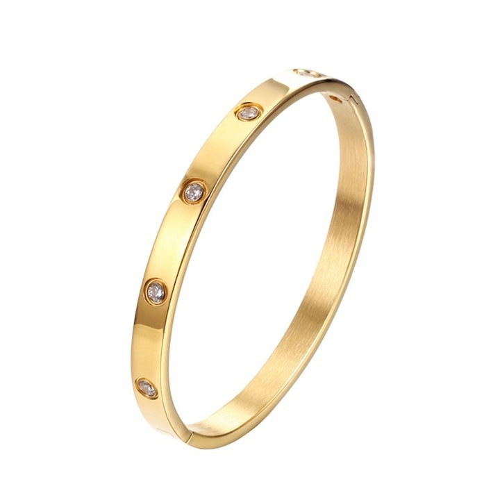 Bratara tip Bangle fixa, pietre zirconiu, otel inoxidabil, placata cu aur 18K, auriu