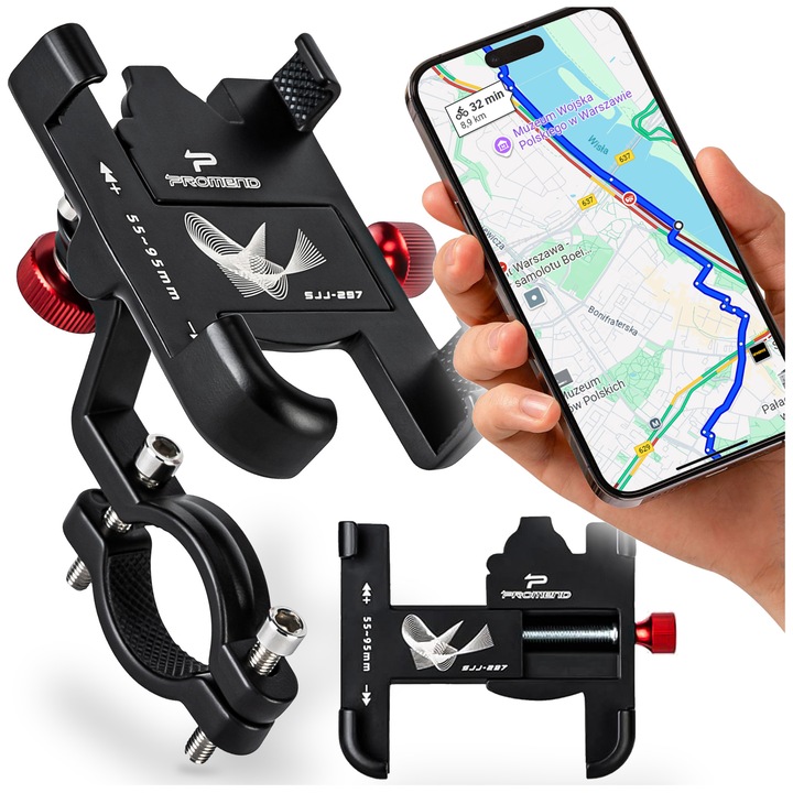Suport telefon bicicleta PIXEL, aluminiu, rotire 360°, compatibil cu smartphone-uri 4,0"-6,0", negru cu rosu