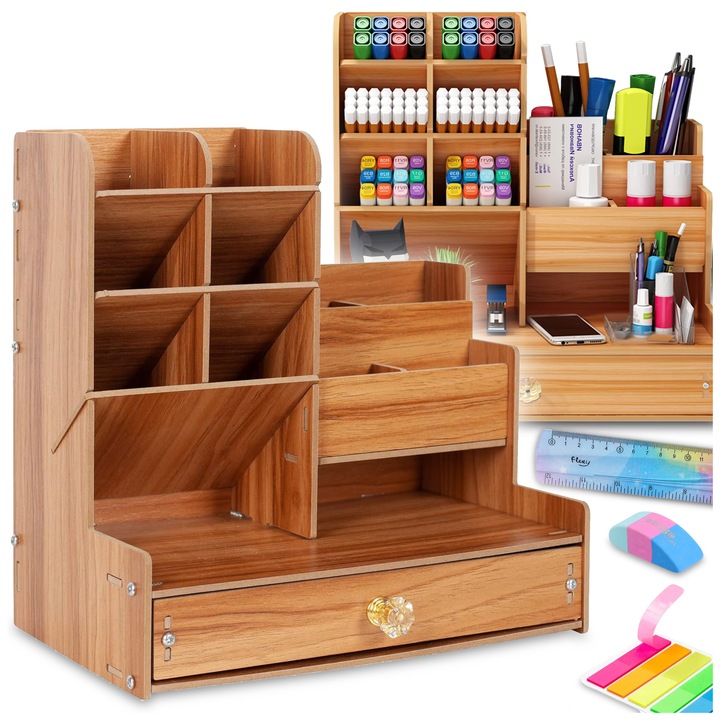 Organizer birou din lemn, PIXEL, 12 compartimente + sufladita, lemn brun, 24x15x25,5cm