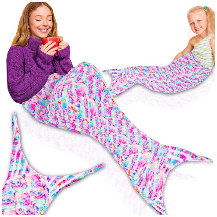 Patura cuvertura, PIXEL, forma de coada de sirena, multicolor, 125x48cm