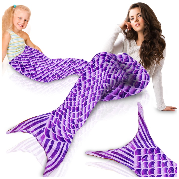 Patura tip sac, PIXEL, forma de coada de sirena, material moale, violet, 130x50cm