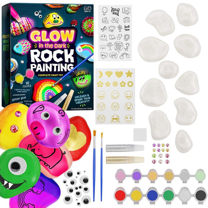 Kreatív kőfestő készlet, PIXEL, 10 természetes kő, 6 standard szín, 4 fluoreszkáló 3D szín, többszínű