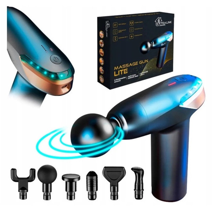 Компактен масажор EXTRALINK Gun Lite, 6 глави, 30 скорости, черен, 160x135x47мм