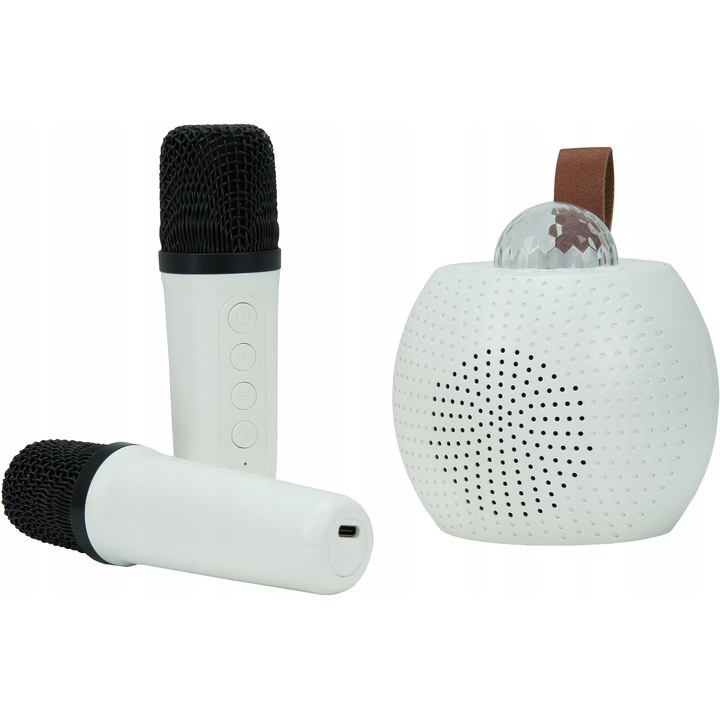 Karaoke szett MusicMate MM-SC150, 2 vezeték nélküli mikrofon, RGB LED effektek, fehér, 10,5x10x10 cm