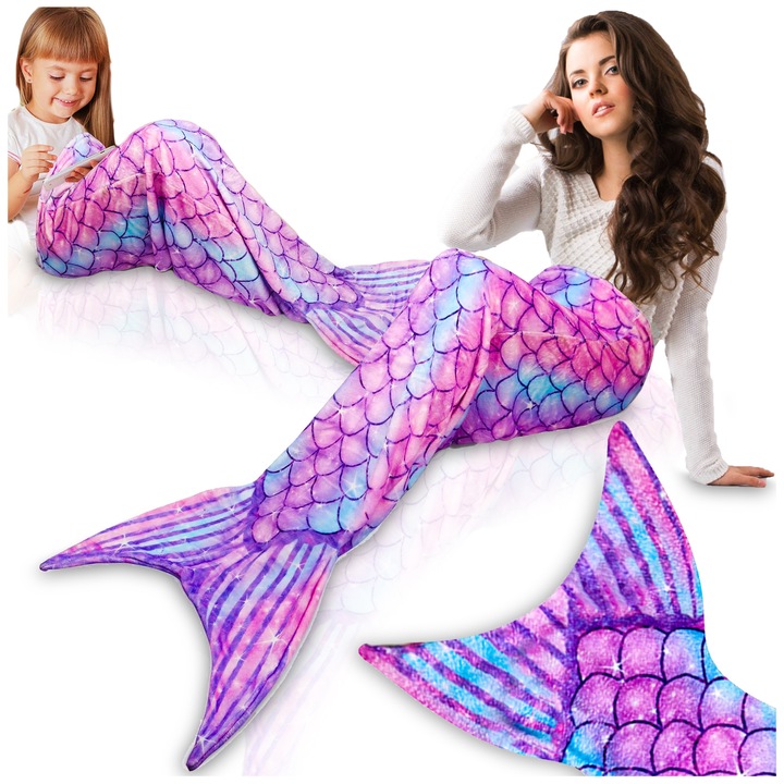 Patura in forma de coada de sirena, PIXEL, colorata in albastru-violet, 125x52cm