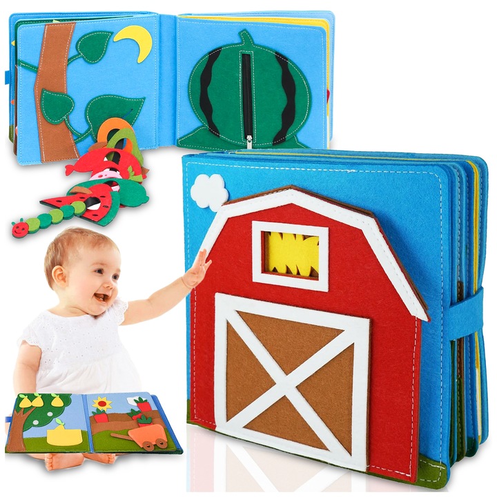 Carte educationala interactiva Montessori, ferma, 10 activitati, 20x20cm