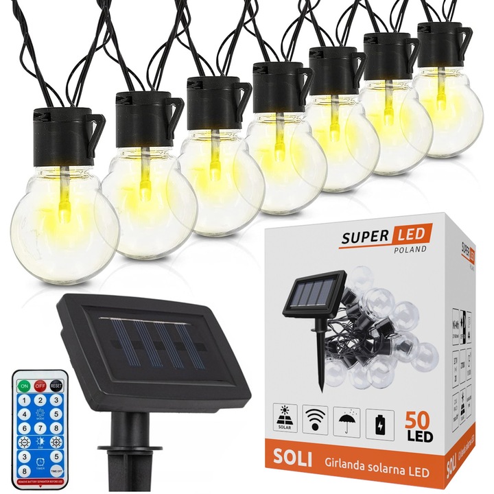 Girlanda solara 50 LED SuperLED, alb cald, 1250x40cm, cu senzor de amurg, IP65