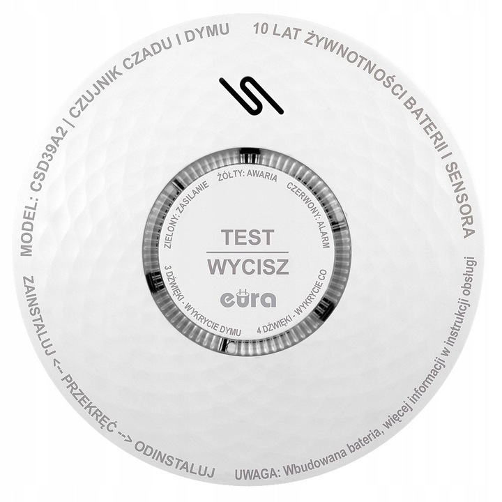 Senzor de fum si monoxid de carbon Eura CSD-39A2, detectie duala, alarma acustica si optica, 200g