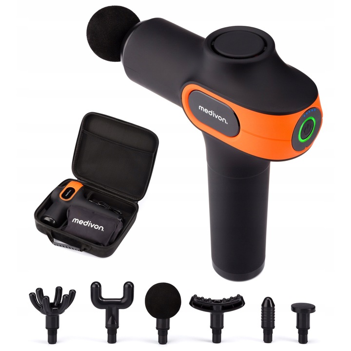 Масажен пистолет MEDIVON Gun Vital, 6 приставки, безжичен, черно-оранжев