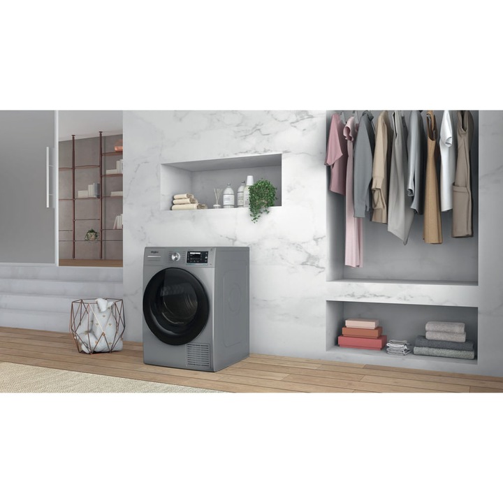 Uscator de rufe Whirlpool, 9 kg, tehnologie 6. Zmysl, FreshCare+, argintie, 84.9x59.7x65.6cm