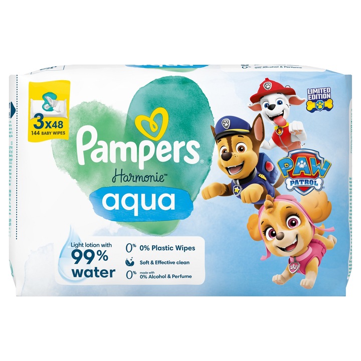 Servetele umede Pampers Harmonie Aqua Psi Patrol, 144 bucati, fara alcool, fara parfum