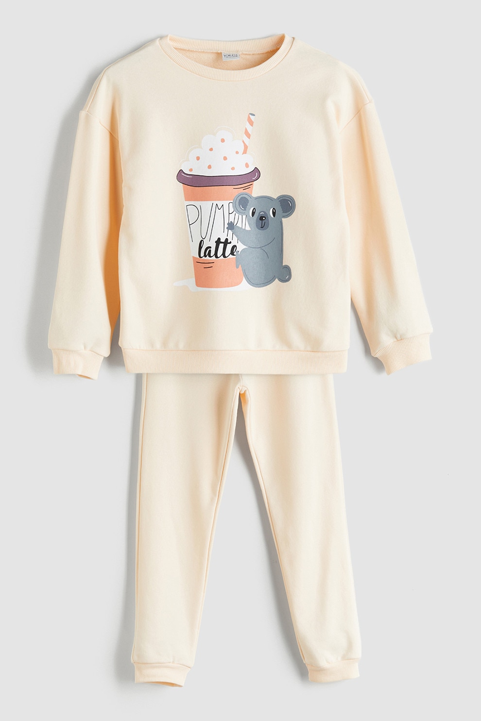 LC WAIKIKI, Pijama cu model grafic si pantaloni lungi, Gri, Portocaliu pal, 146-152 CM