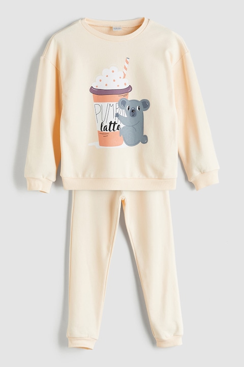 LC WAIKIKI, Pijama cu model grafic si pantaloni lungi, Gri/Portocaliu pal