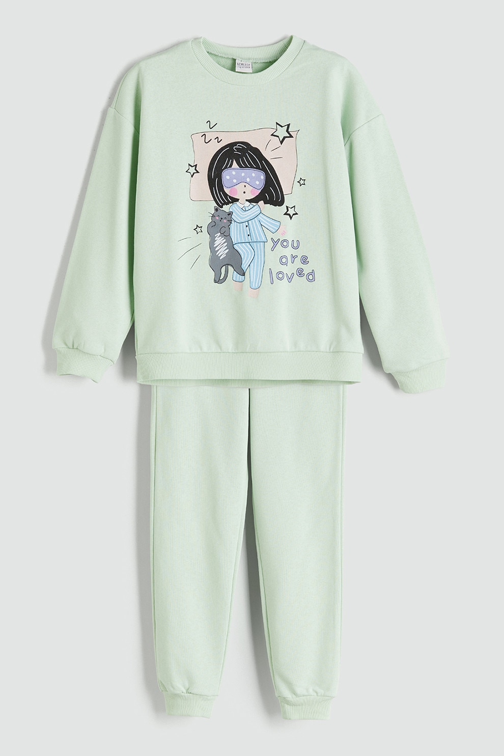 LC WAIKIKI, Pijama cu model grafic si pantaloni lungi, Verde pal, Albastru deschis, 122-128 CM