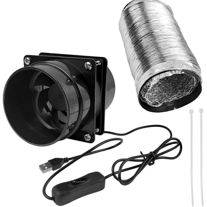 Ventilator ductat, 3500 RPM, 200 m/h, Cu conector USB si intrerupator, in carcasa rezistenta, Zgomot redus, doar 31 dB, set cu 1 ventilator axial, 1 furtun flexibil din PVC, de 300 cm, 2 cleme furtun, AjieQaQ, Negru