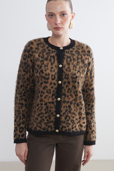 LC WAIKIKI, Cardigan cu animal print si nasturi, Maro inchis/Caramel