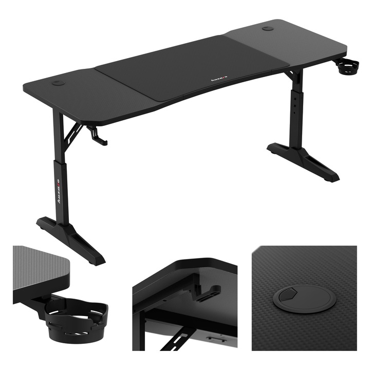 Гейминг бюро, Huzaro, Hero 4.6, 160 x 60 x 56–79 cm, включително подложка за мишка 80 x 56,5 cm, 2 входа за кабели, черно