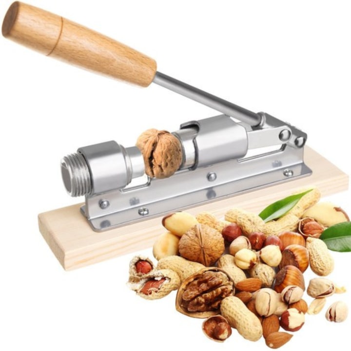Állítható diótörő VarioShop®, rozsdamentes acélból, fa talpon, ellenálló, stabil, diófélékhez és mogyoróhoz, ergonomikus kialakítás, 20 cm