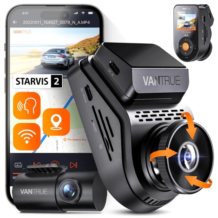 Камера за кола DVR Vantrue S1 PRO, запис отпред + отзад, резолюция 2.7K + FULL HD, WiFi, черна