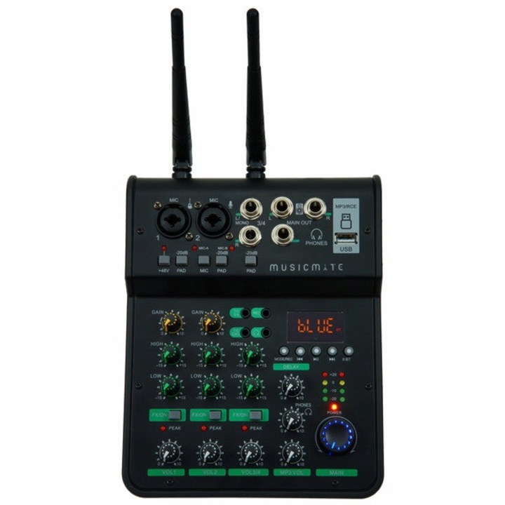4-канален аудио миксер с Bluetooth и USB, MusicMate, черен, 16x23x8см, комплект с 2 безжични микрофона