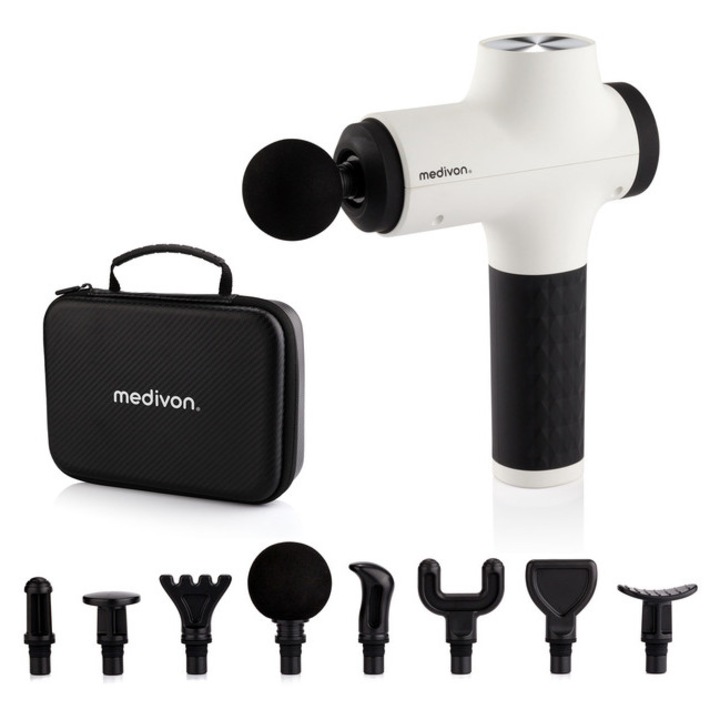 Електрически масажор Medivon Gun Relix, 8 приставки, перкусионна терапия, черно-бял, 1 кг