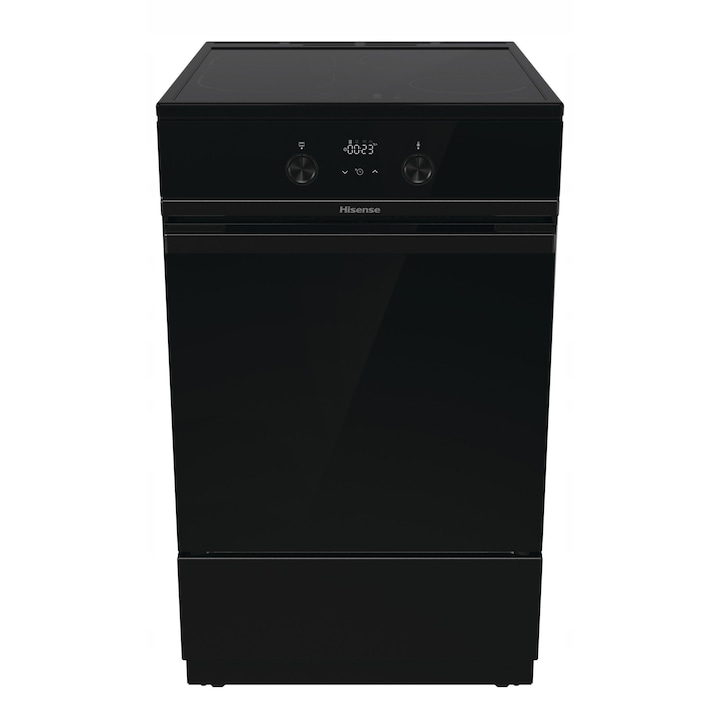 Готварска печка: Aragaz, Hisense с индукция, 70L, функция Pizza, AirFry, черен цвят, размери 50x59.4x85cm