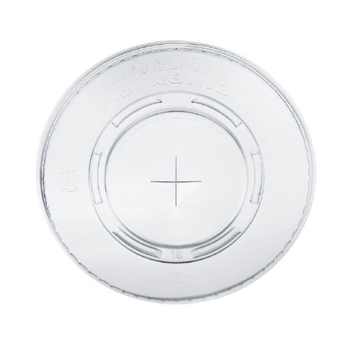 Capac plat PLA, 95 mm, 100 bucati, pentru pahare 300–500 ml, transparent, compostabil, contact alimentar, a se pastra la loc uscat