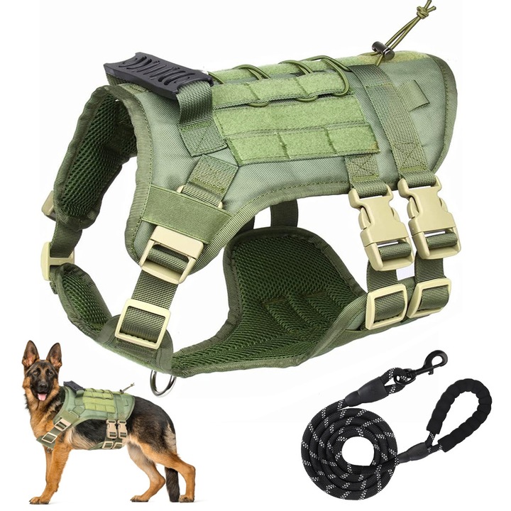 Комплект тактически нагръдник и повод за големи кучета, Ydene, против дърпане, с дръжка, жилетка с 5 регулируеми точки, повод 1.5м, регулируем, за обучение, разходка, туризъм, зелен