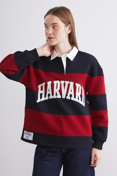 LC WAIKIKI, Bluza de trening cu guler polo si model in dungi, Rosu/Alb/Bleumarin