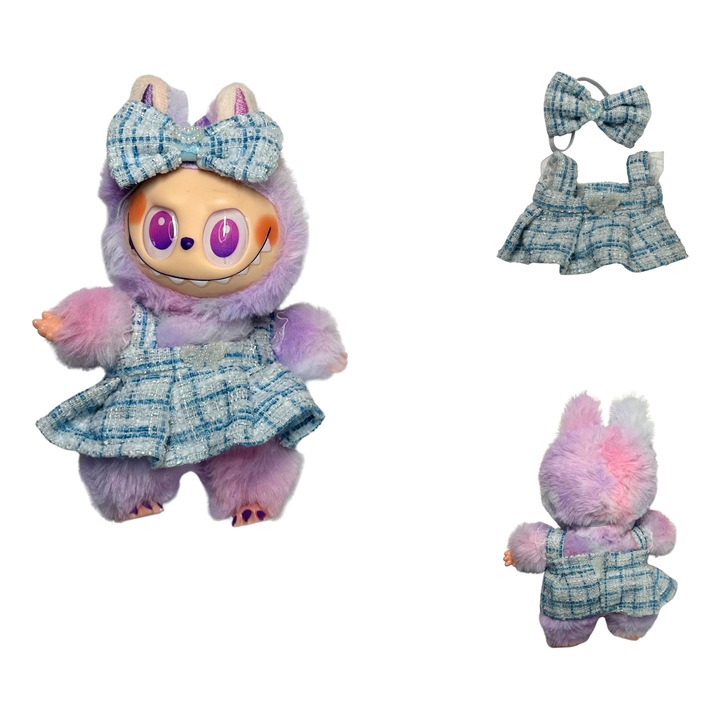 Комплект дрехи за кукли, съвместим и с Labubu 17 см, елегантна бяла и сребърна рокля, лента за глава с панделка