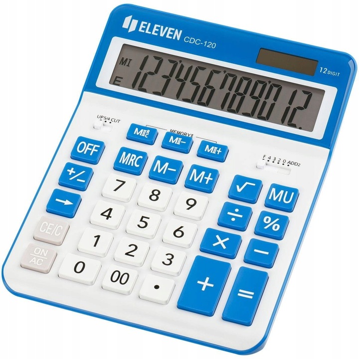 Calculator de birou Eleven, model CDC120WHNV, alimentare baterie-solar, 4 memorii, alb-albastru, 155x204x33mm