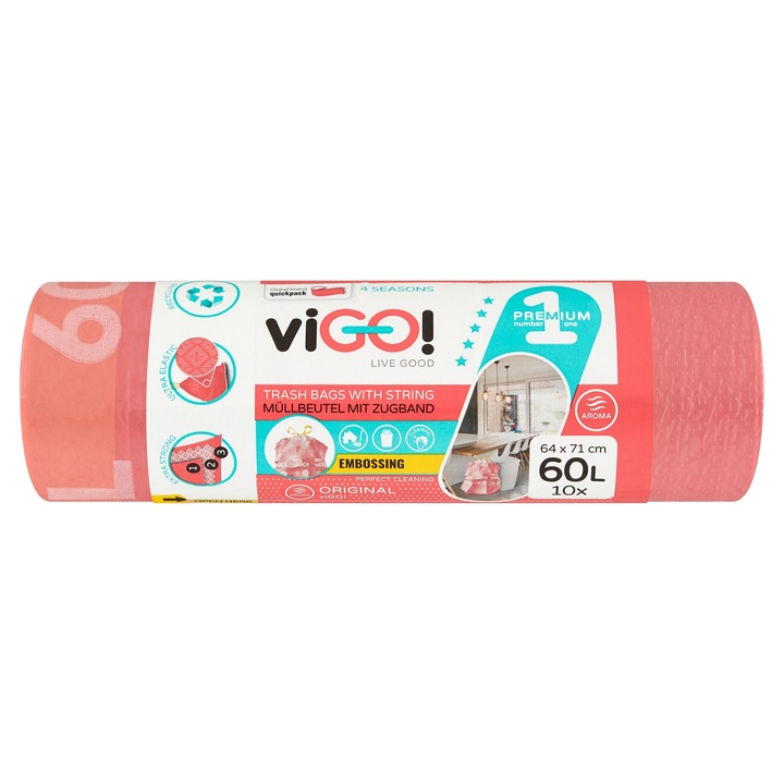 Saci menajeri VIGO 60L, set 10 bucati, rosu, cu banda, parfum de capsuni, 64x71cm