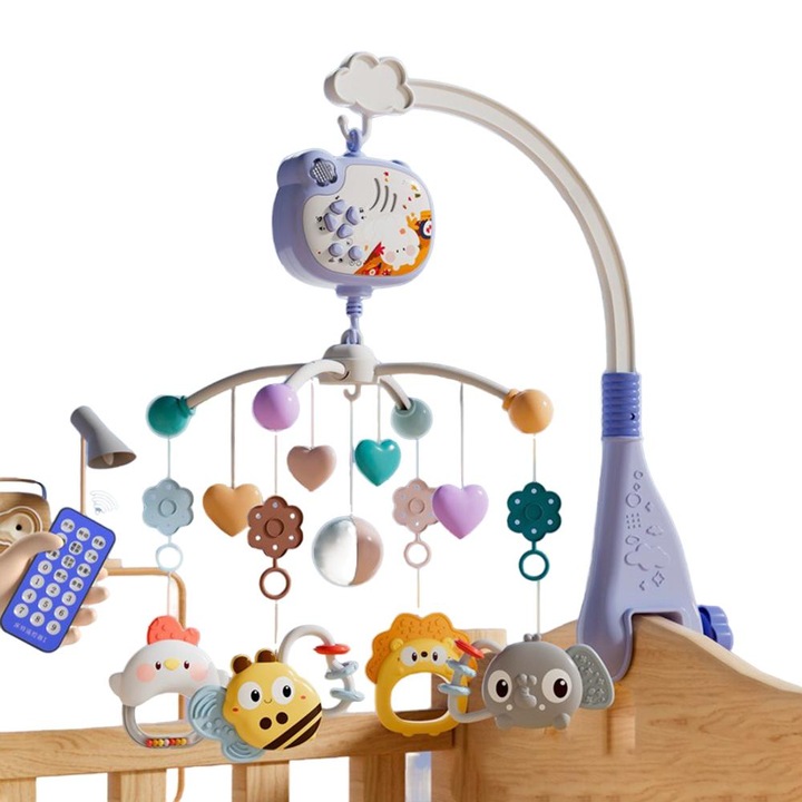 Zenés és fényes kiságyforgó, SWJOYOL, 4 csörgő játék, vetítés, lila, 25x42cm