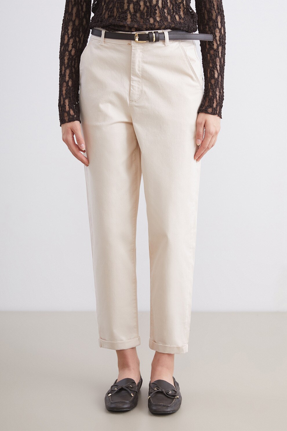 LC WAIKIKI, Pantaloni crop cu croiala dreapta si curea in talie, Alb fildes, 38