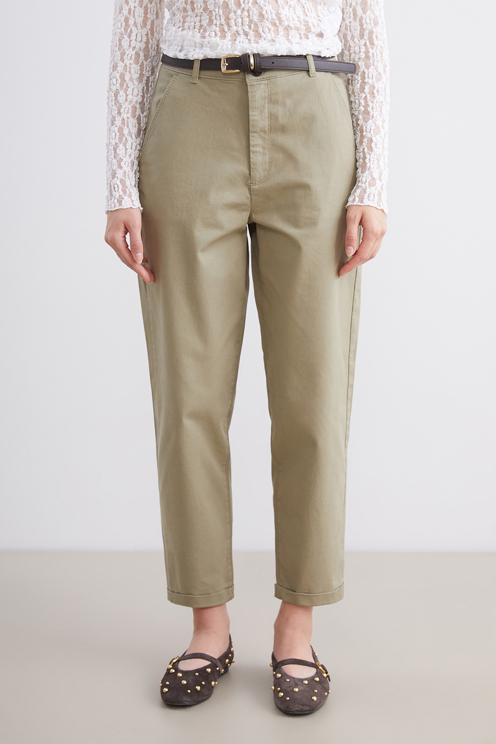 LC WAIKIKI, Pantaloni crop cu croiala dreapta si curea in talie, Maro nisip, 38