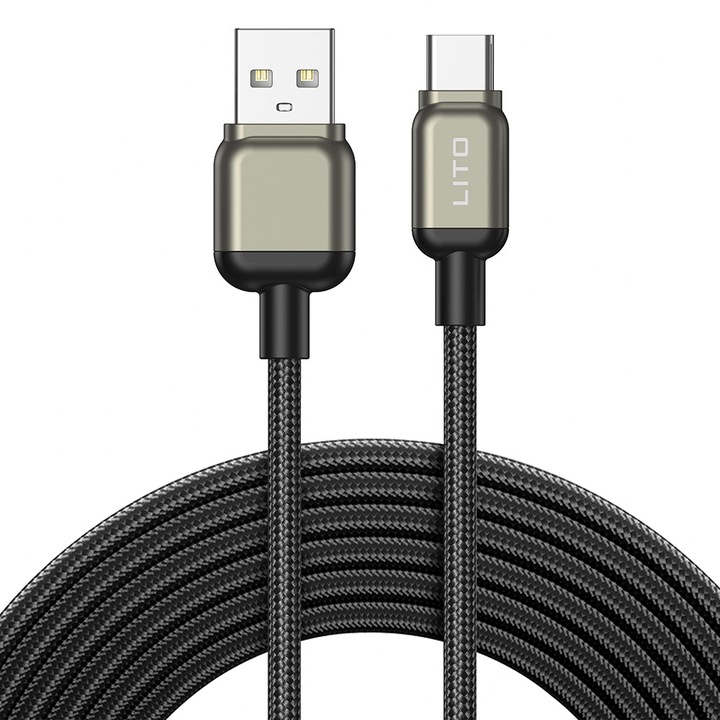 Cablu de date Lito USB la Type C, împletit nylon, negru, 1m