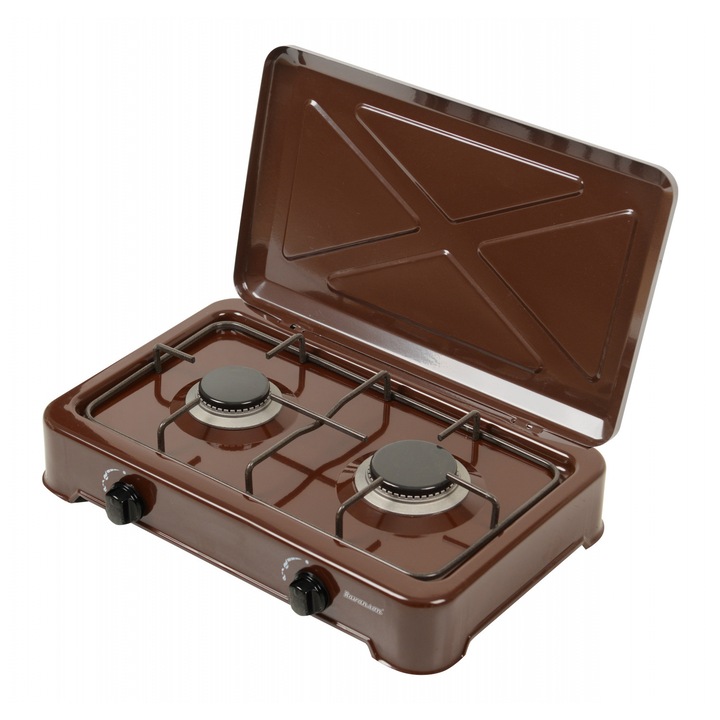 Aragaz de blat, 2 ochiuri, Ravanson K-02BR, 3.71 kW, maro, 46.9x34x10.5cm