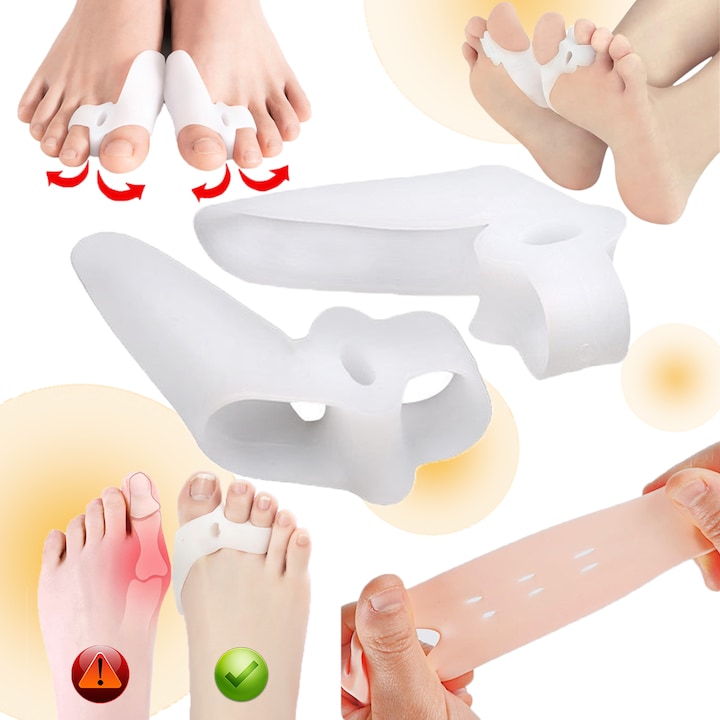 Set corector pentru degete de la picioare, format din doua piese, inclusiv orteze pentru degete, dispozitive de corectie a hallux valgus si covorase pentru exercitii. Fabricat din silicon moale, marime universala. Amelioreaza eficient durerea de la degete