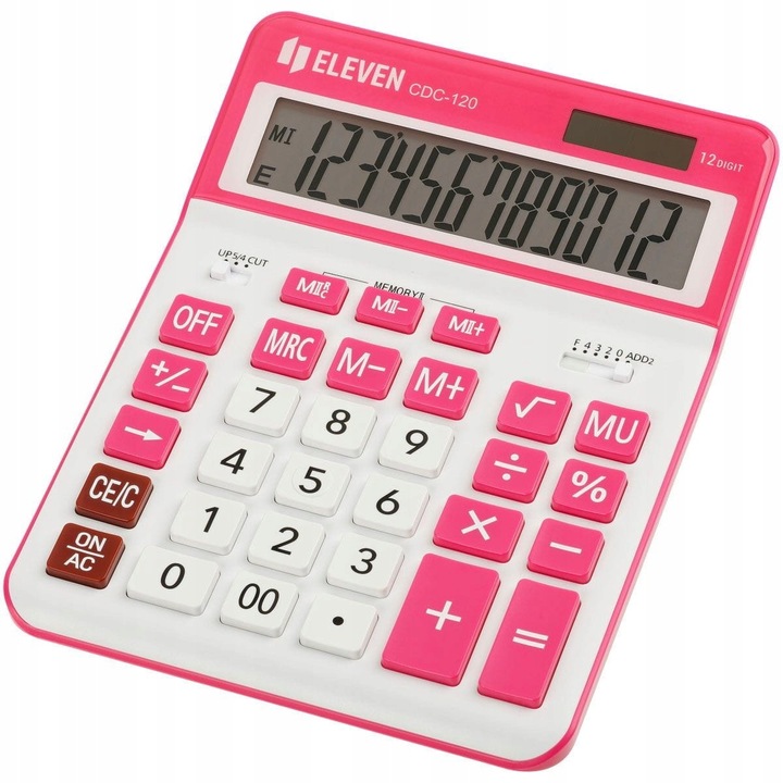 Calculator de birou Eleven, model CDC120WHRD, 12 cifre, alimentare baterie si solara, alb-rosu, 155x204x33mm