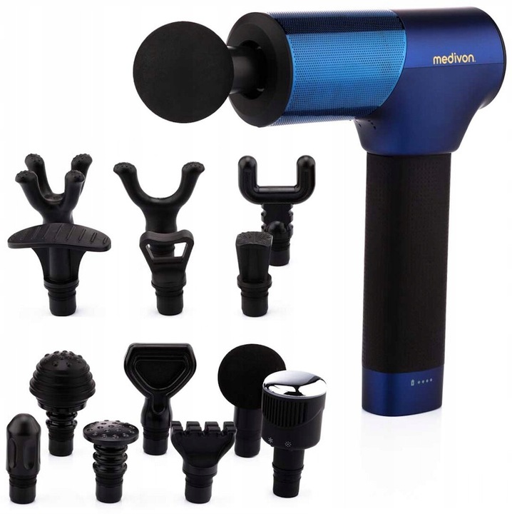 Масажор Gun ElitPulse, 30 режима, 13 глави, синьо-черен, безжичен