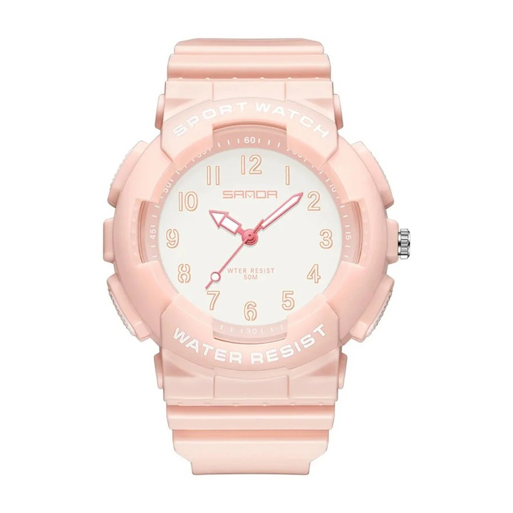 Ceas Copii Sanda 6094 Roz – Design Sport, Analog, Rezistent la Socuri, Rezistent la Apa 5ATM