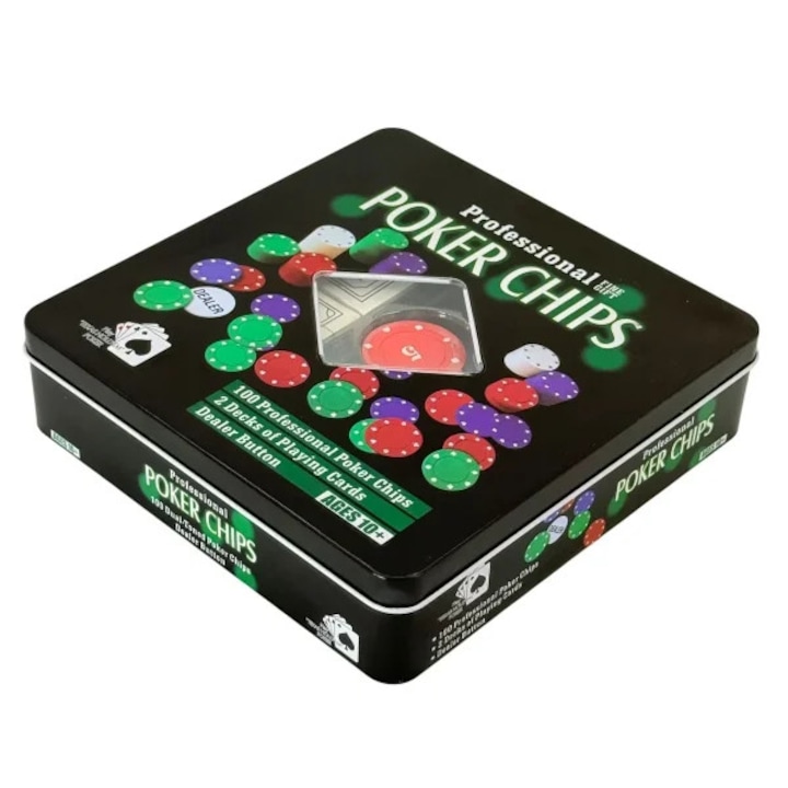 Póker készlet 100 zsetonnal és 2 pakli kártyával, 20x5x20