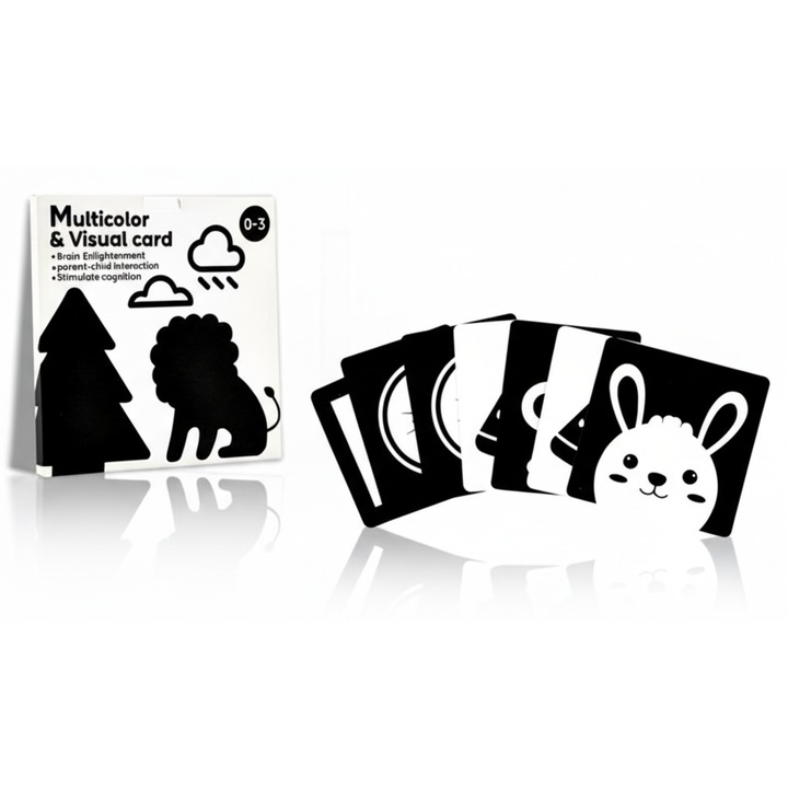 Set de 20 carduri educative si interactive alb-negru, 40 de imagini tip Montessori, pentru stimulare vizuala si cognitiva, 0-3 luni