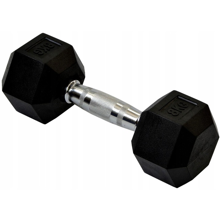 Enero, haltera (gantera) din otel cromat acoperita cu guma, hex, maner zigrinat antialunecare, Negru/Argintiu, 8 kg