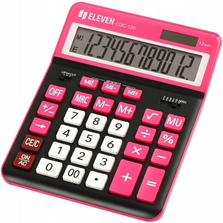 Calculator de birou Eleven, model CDC120BKRD, alimentare baterie si solara, 4 memorii, negru