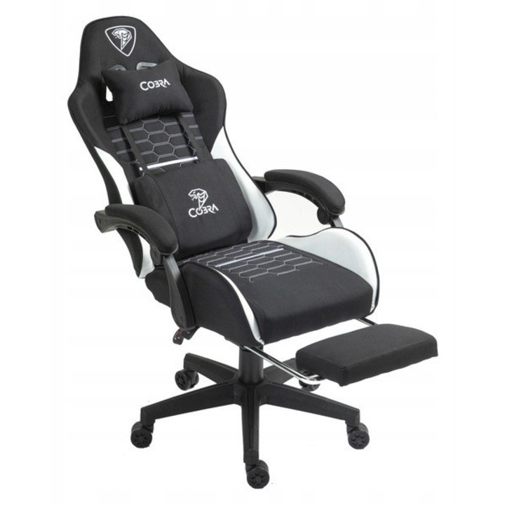 Cobra Player 5.0 gamer fotel, Fekete-fehér, lábtartóval, 46-56cm, 121-131cm